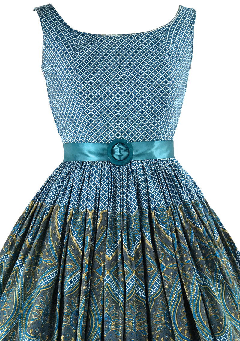 Stunning 1950s Blue Geometric Paisley Border Print Dress- New!