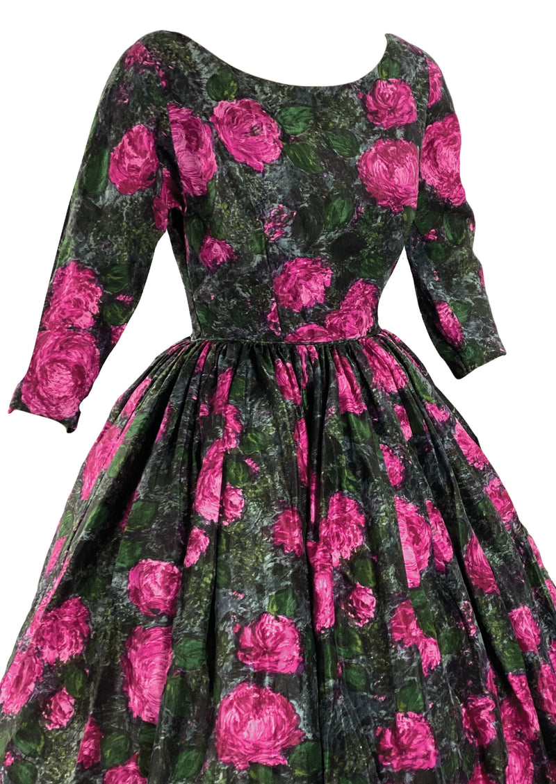 Late 1950s Early 1960s Magenta Roses Silk Dress - New!
