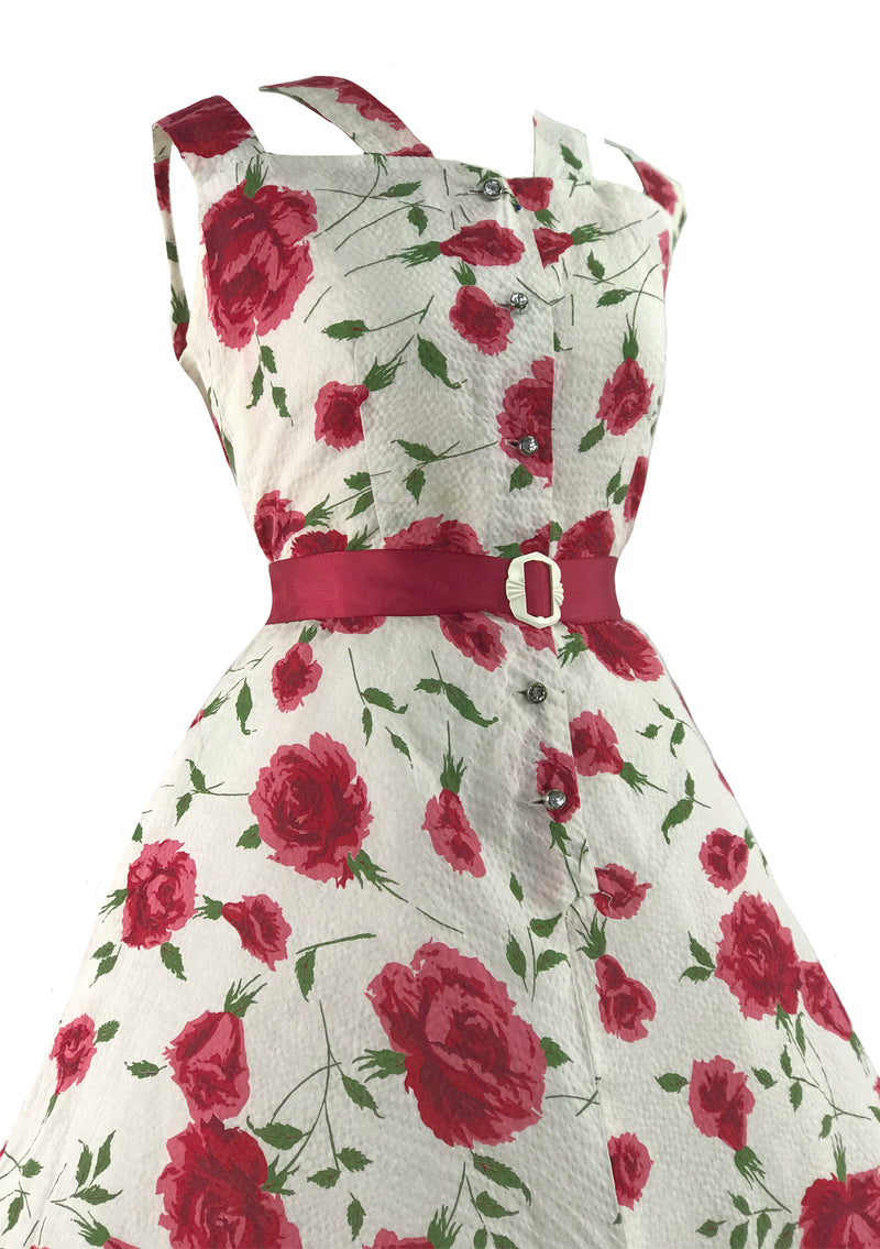 Gorgeous 1950s Magenta Roses Seersucker Cotton Sundress - New!
