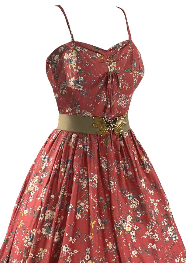 Vintage 1950s Watermelon Pink Floral Cotton Dress- New!