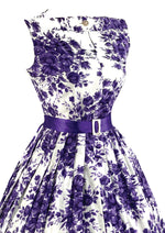 Late 1950s to Early 1960s Purple Bouquet Cotton Dress- NEW!