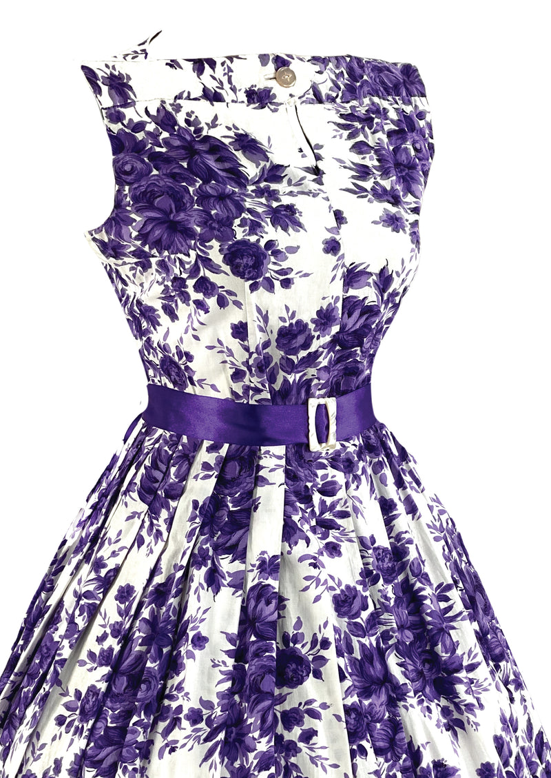 Late 1950s to Early 1960s Purple Bouquet Cotton Dress- NEW!