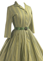 Late 1950s Sage Green Ticking Stripe Cotton Dress- New!