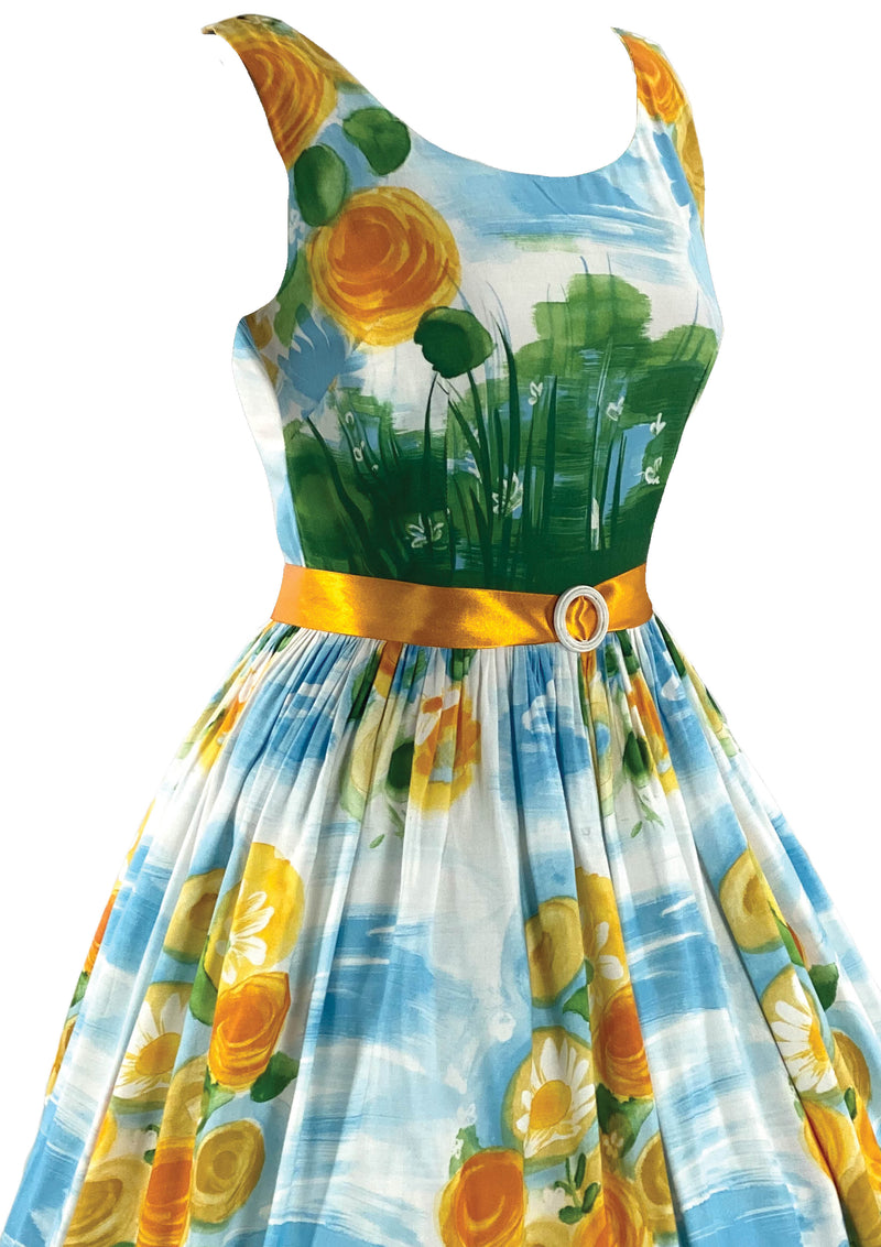 Vintage 1950s Scenic Floral Cotton Dress- New!