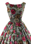 Late 1950s Vibrant Pink and Gold Roses Print Silk Dress - NEW!