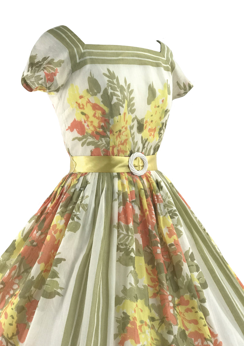 1950s Yellow and Green Floral Jerry Gilden Dress - New!