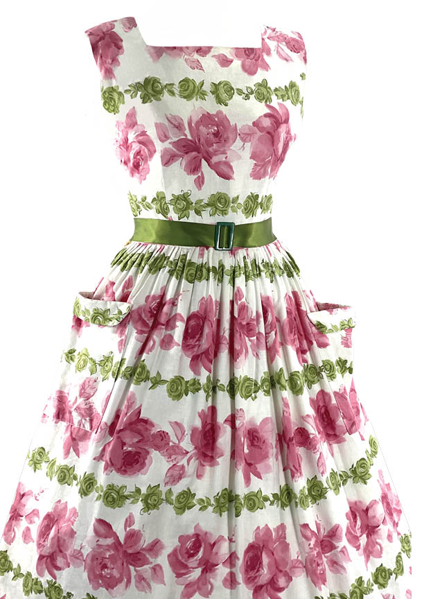 Vintage 1950s Pink Rose Cotton Dress- New!