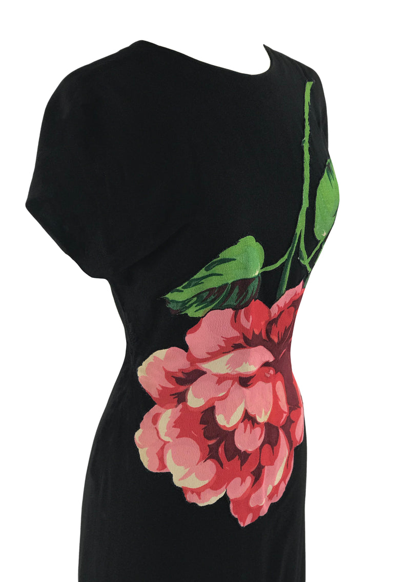 Rare 1940s Black Dress with Huge Rose Appliqué