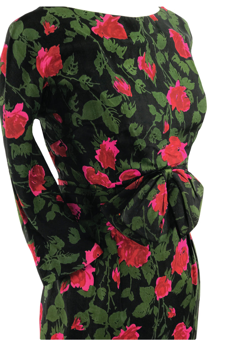 Original 1950s Pink Roses on Black Silk Dress - New!