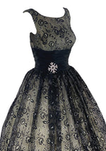 Late 1950s to Early 1960s Black Flocked Chiffon Party Dress- New!