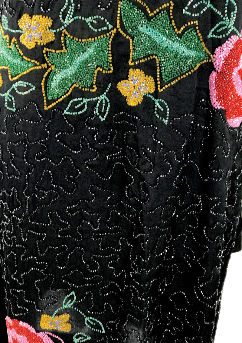 Original 1920s Black Sequin and Pink Roses Beaded Dress  - New!