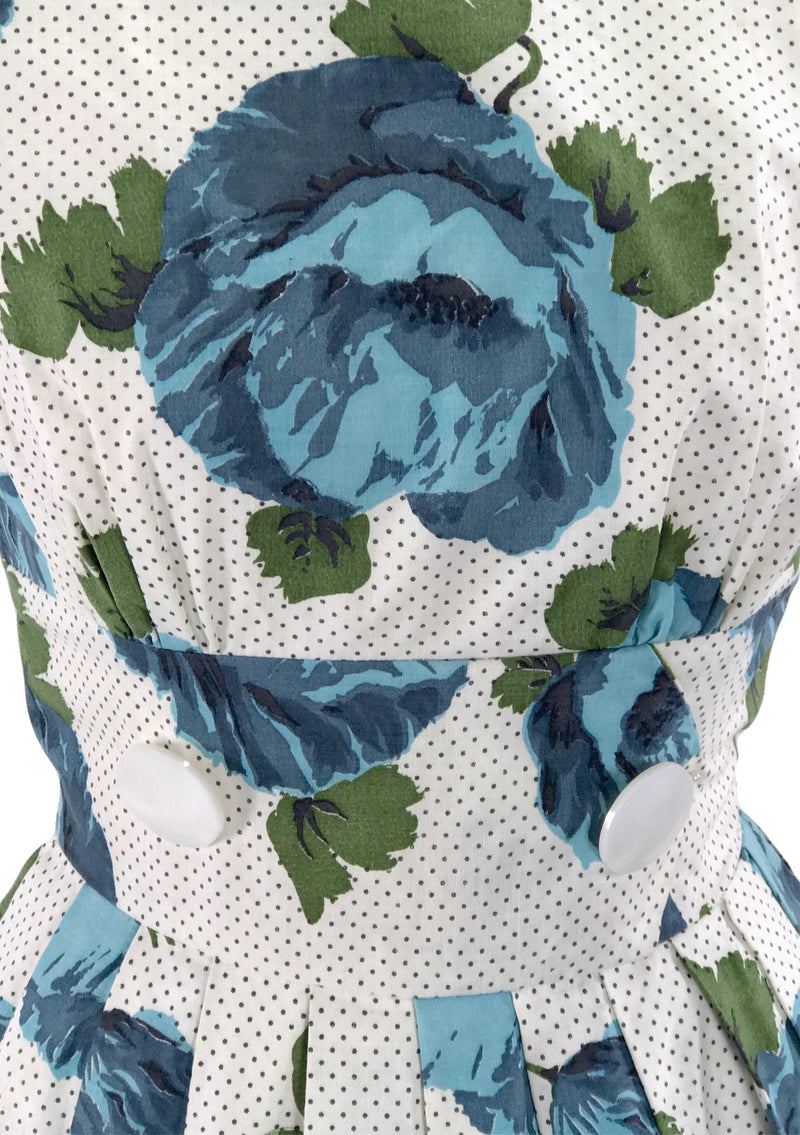 1950's Blue & White Huge Roses Print Cotton Dress - New!