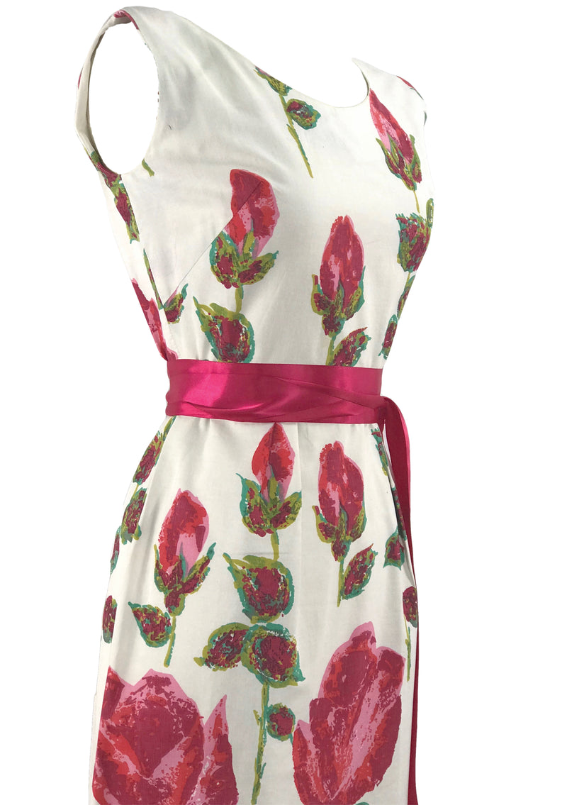 Stunning 1960s Huge Magenta Stem Roses Wiggle Dress - New!