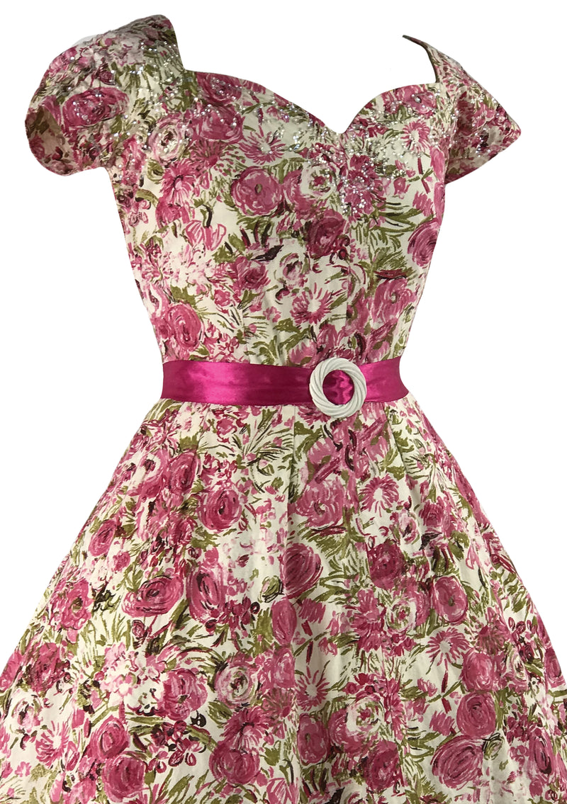 1950s Pink Roses with Sequins Cotton Dress- New!