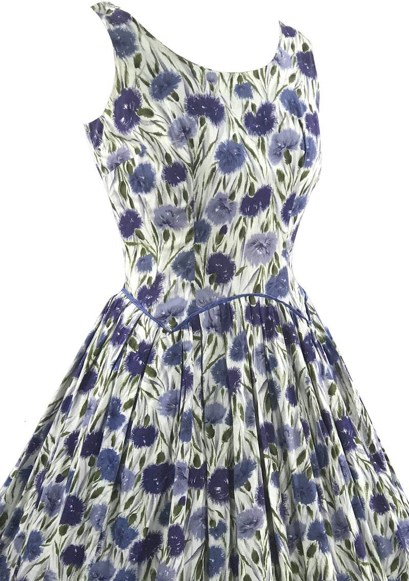 Vintage 1950s Blue Carnations Cotton Dress- New!