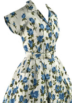 Vintage 1950s Blue Roses Border Print Cotton- New!