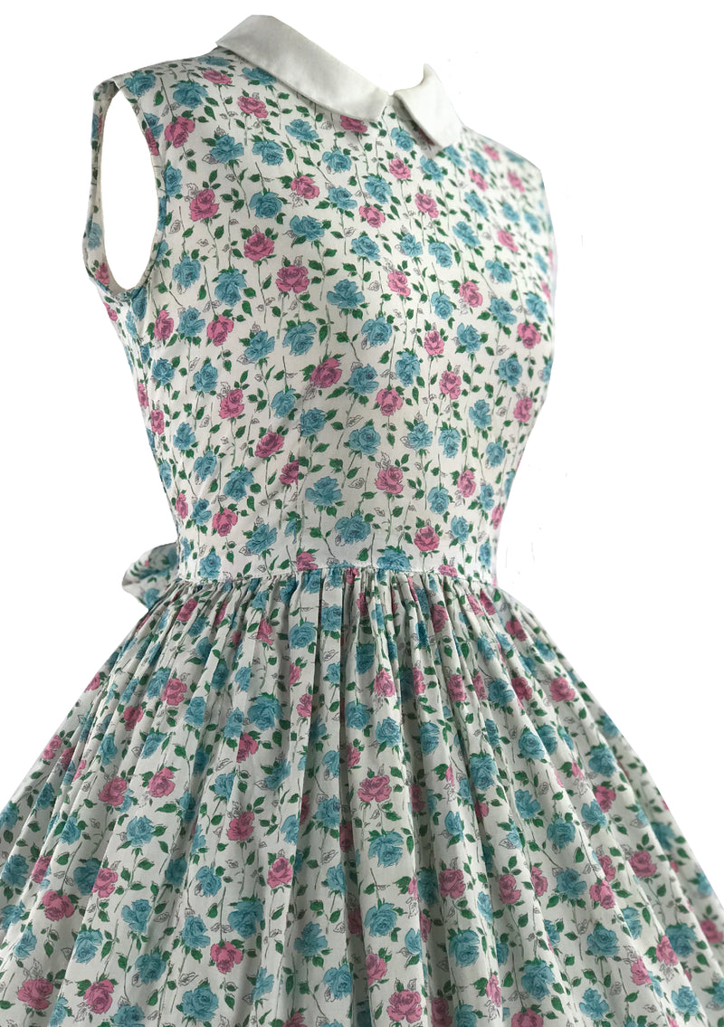 Vintage 1950s Pink and Blue Roses Floral Cotton Dress - New! (ON HOLD)
