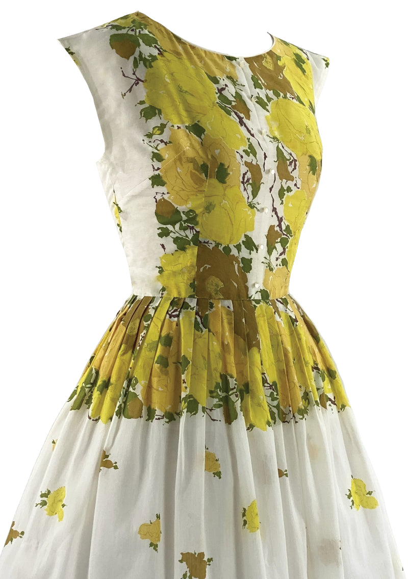 Late 1950s to Early 1960s Yellow Roses Cotton Dress - New!