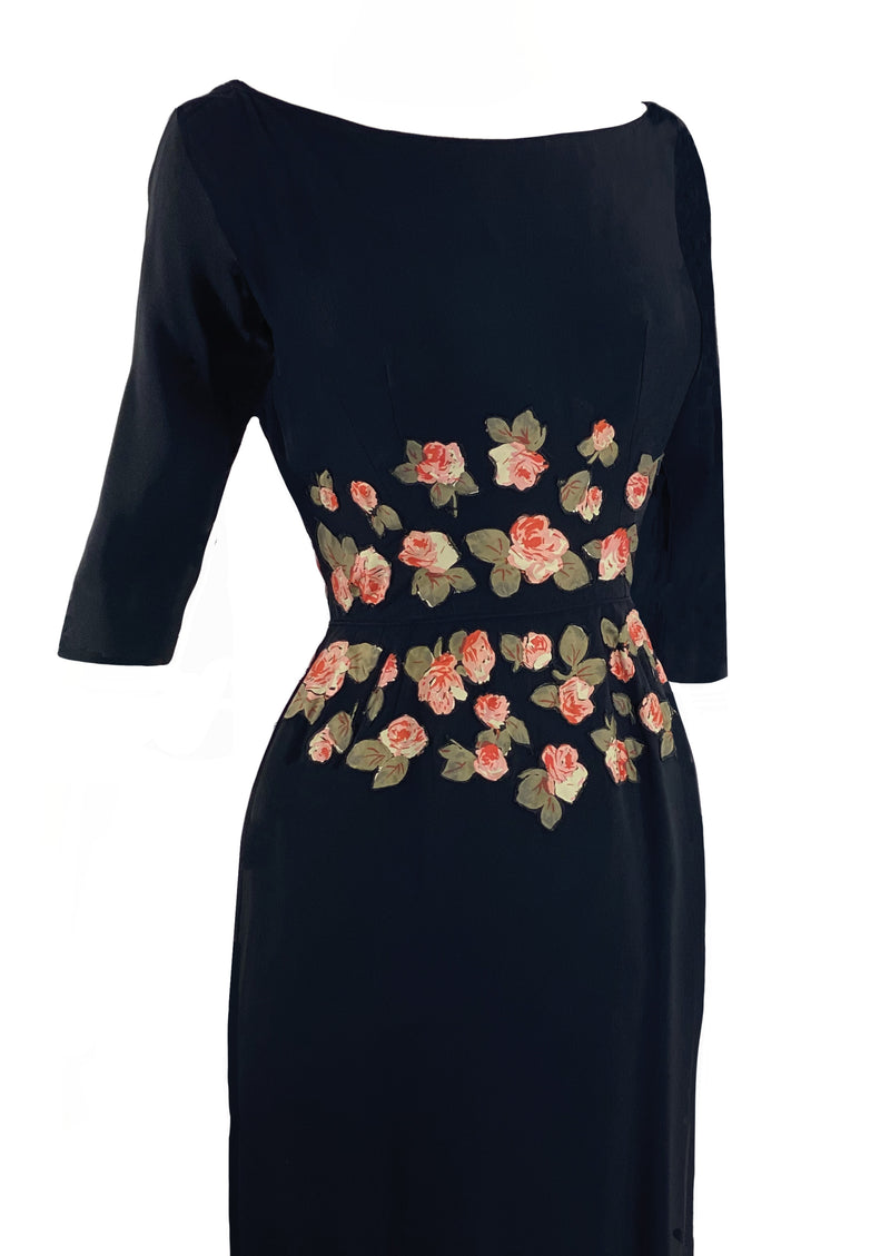 1950s Black Rayon Crepe Designer Dress with Appliqués- New! (SOLD)