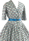 Vintage 1950s Pink Floral Cotton with Blue Stripes- New!