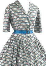 Vintage 1950s Pink Floral Cotton with Blue Stripes- New!