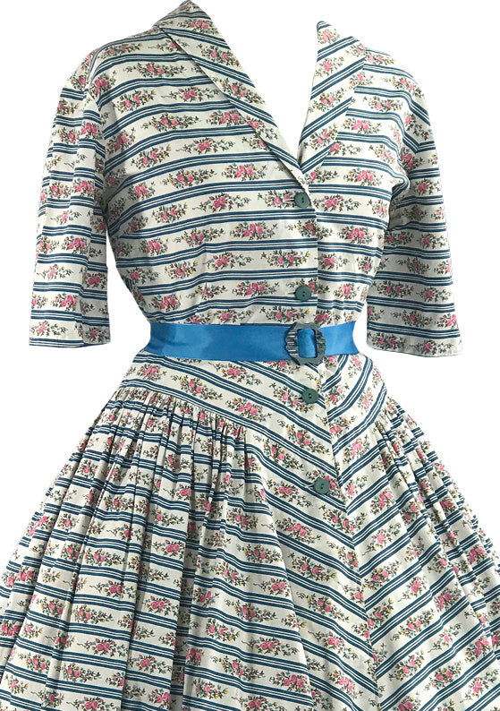 Vintage 1950s Pink Floral Cotton with Blue Stripes- New!