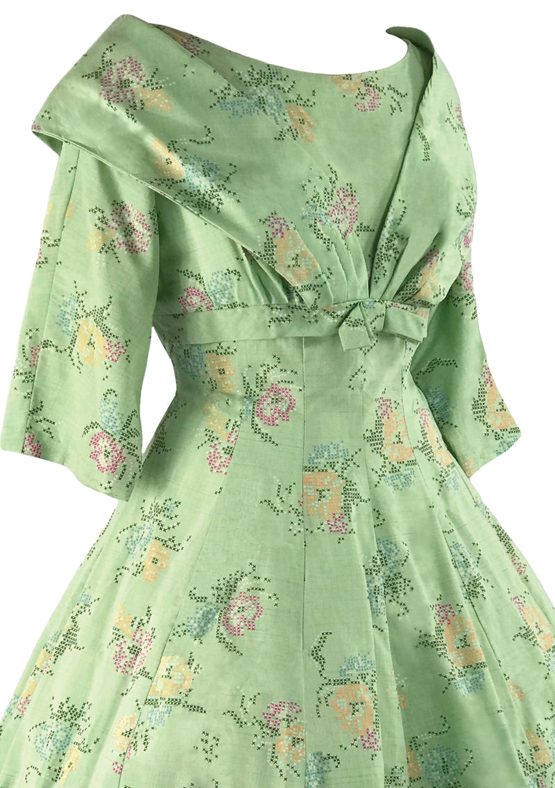 1950s Pistachio Green Cotton Floral Dress- New! (RESERVED)