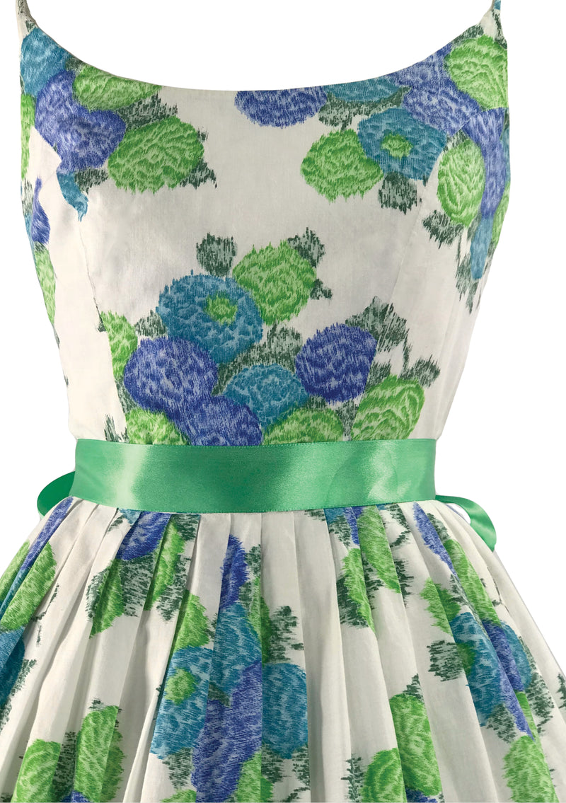 Vintage 1950s Blue Green Geranium Sprays Cotton Dress - New!