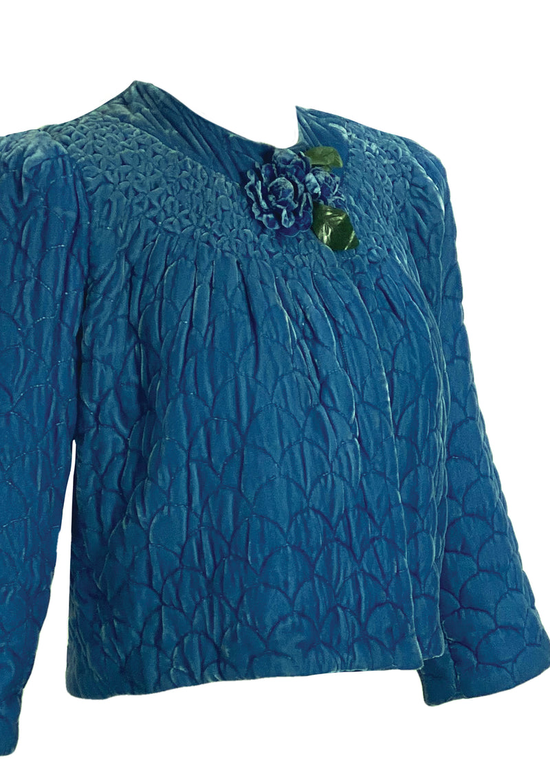 Vintage 1940s Quilted Blue Silk Velvet Jacket- New!