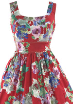 Vintage 1960s Vibrant Red Floral Cotton Blend Sundress - New!
