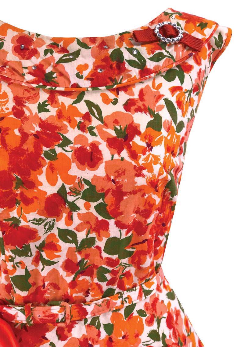 Vintage 1950s Vivid Orange & Red Cotton Floral Dress - New!