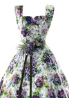 Stunning 1950s Violet Sprays Cotton Designer Dress with Rhinestones - New!