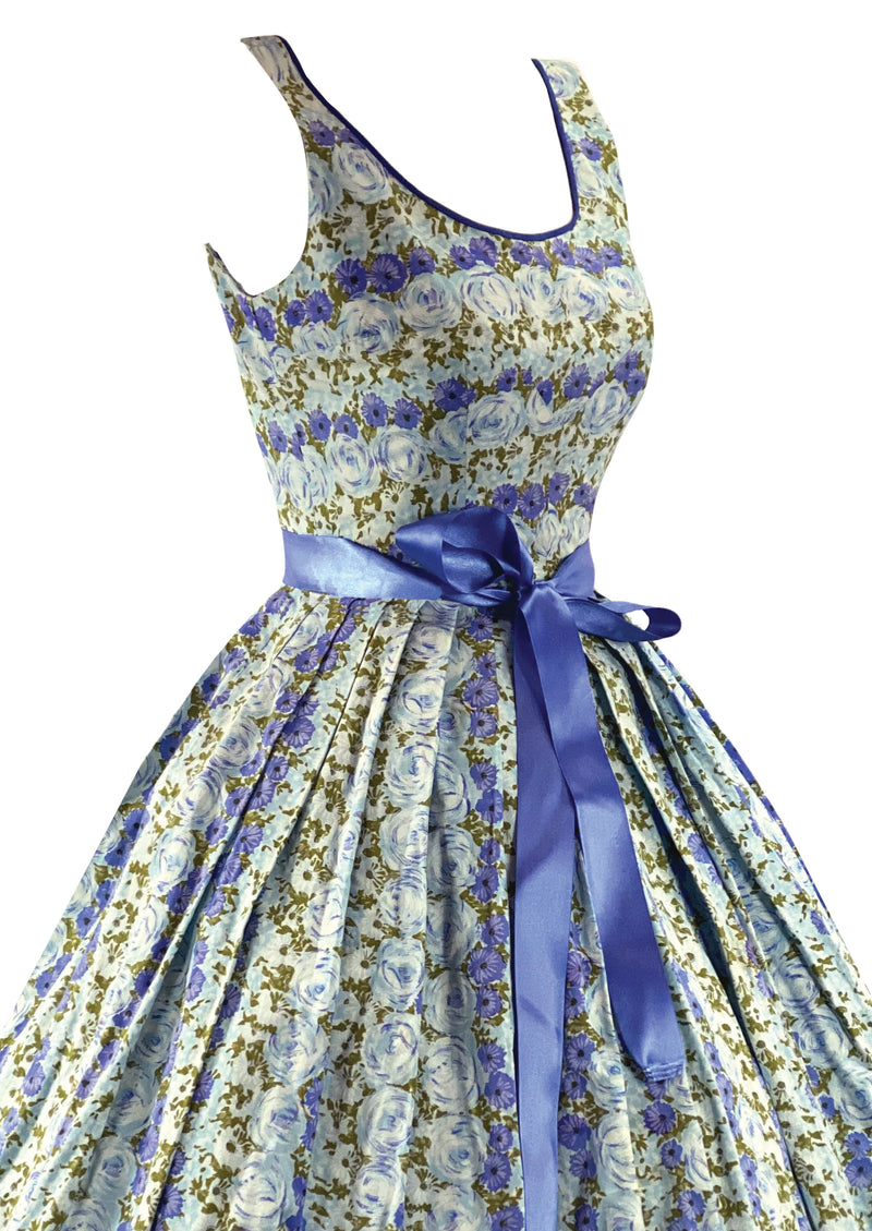 Glorious 1950s Blue Rose Print Cotton Dress - New!
