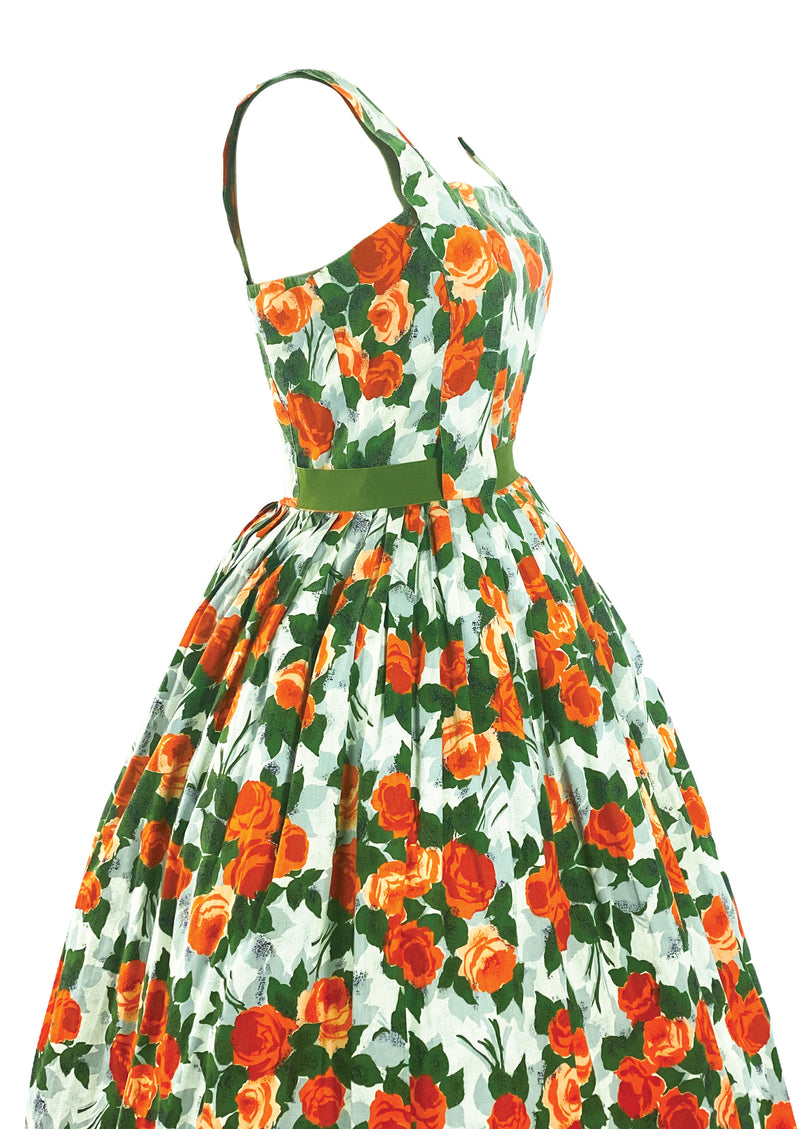 Vintage 1950s Tangerine Roses Cotton Dress- New!