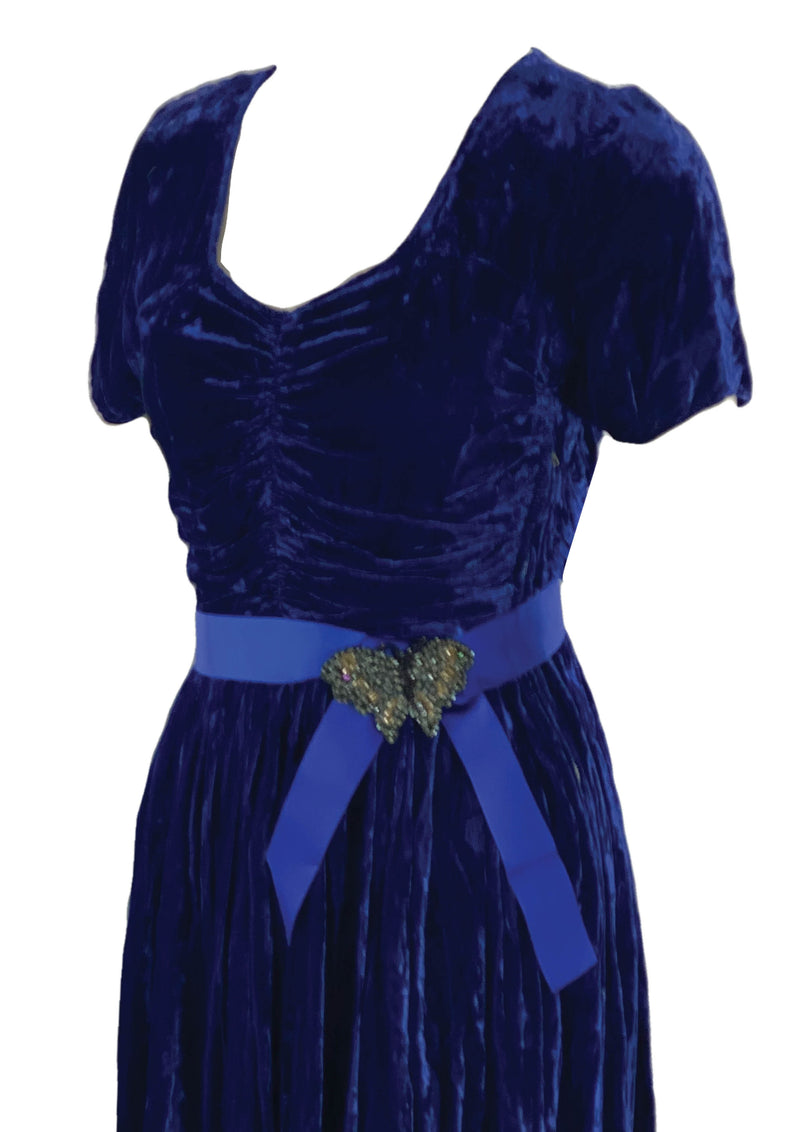Vintage 1940s Royal Blue Crushed Velvet Dress- New! (ON HOLD)