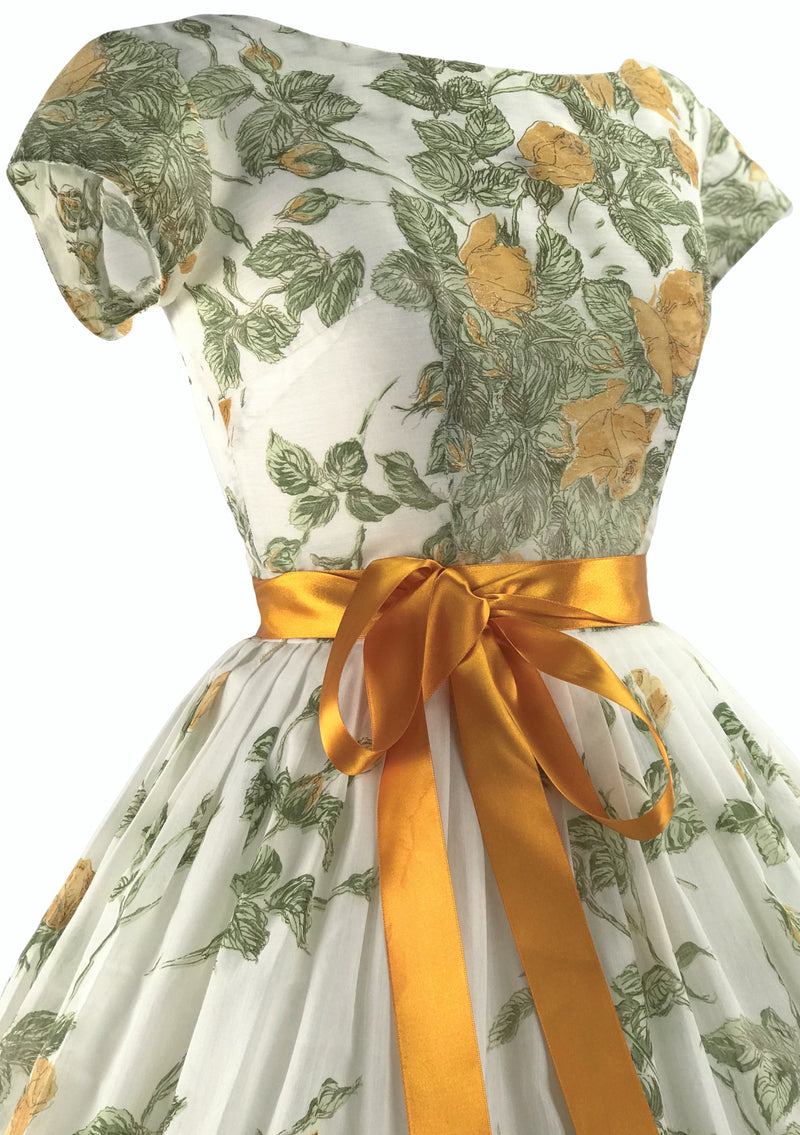 Glorious 1950s Golden Rose Spray Cotton Dress - New!