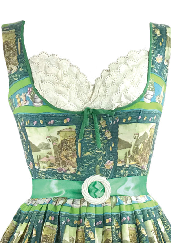 Late 1950s Scenic French Novelty Print Cotton Dress- New!