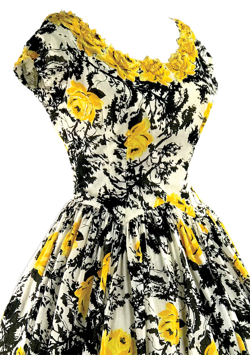 1950s Golden Roses Applique Cotton Dress - New!