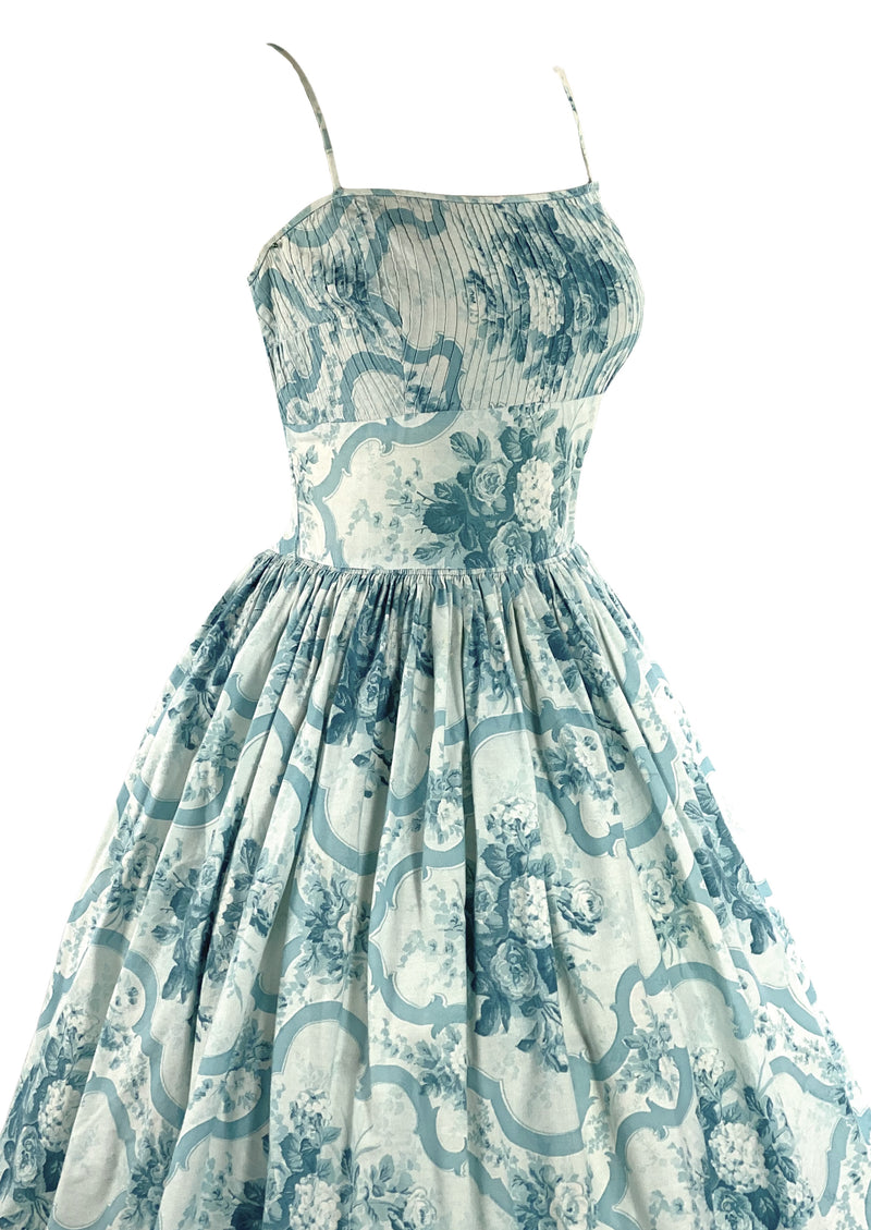 Vintage 1950s Blue Roses Scroll Cotton Sundress- New!