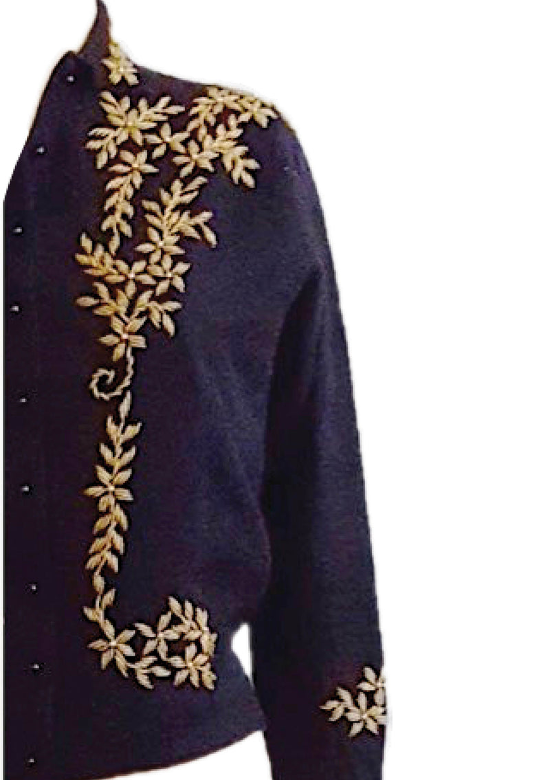 Vintage 1950s Black Lambswool Cardigan with Gold Beading- New
