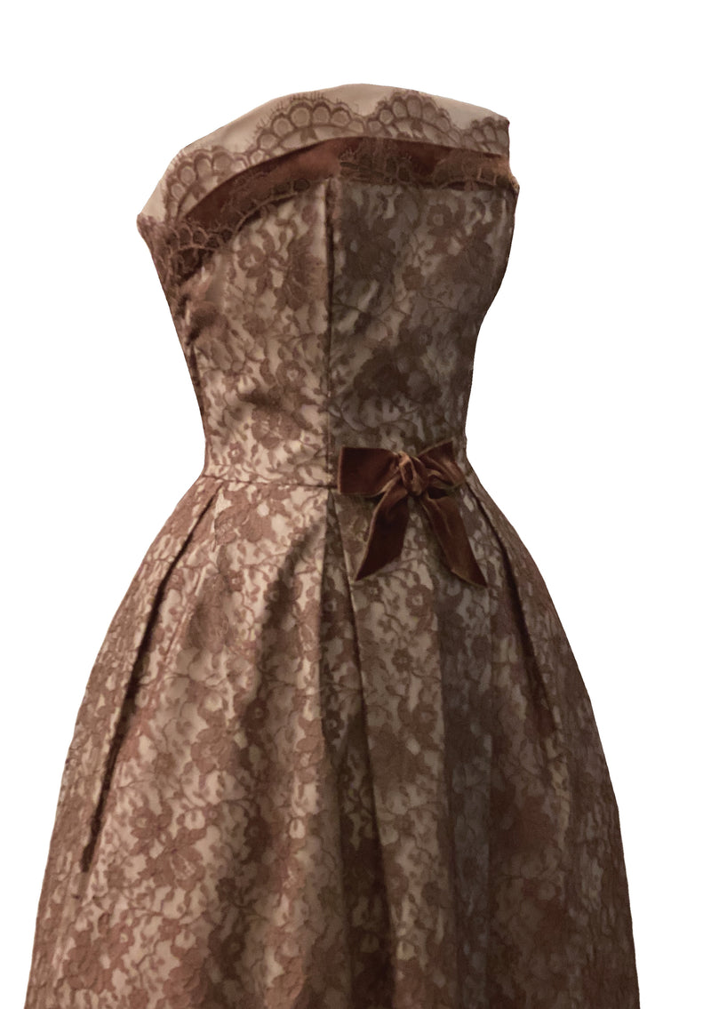 Late 1950s Mocha Lace Emma Domb Designer Party Dress - New!