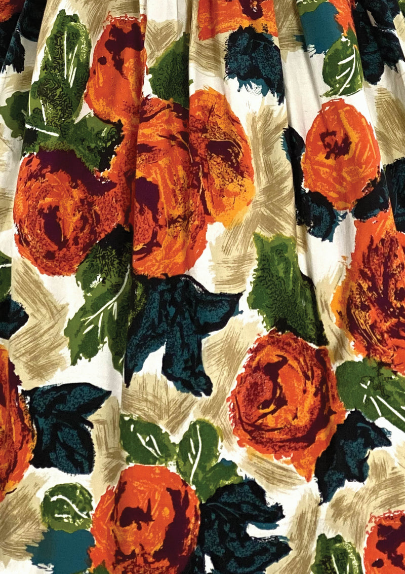 Vintage 1950s Vibrant Tangerine Roses Skirt - New!