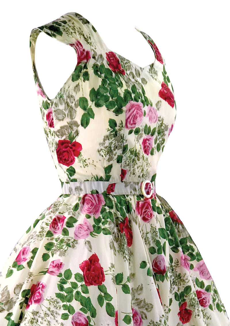 Early 1950s Pink/Red Rose Print Rayon Dress- New!
