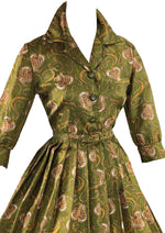 Late 1950s to Early 1960s Olive Green Paisley Dress- NEW!