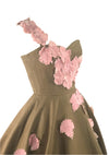 1950s Chocolate Linen and Pink Velvet Applique Dress- New!