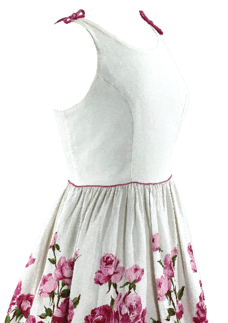 Early 1960s Pink Roses on White Pique Cotton Dress- New!