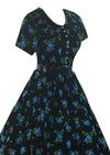 Late 1950s Early 1960s Black Cotton with Blue Roses Dress - NEW!