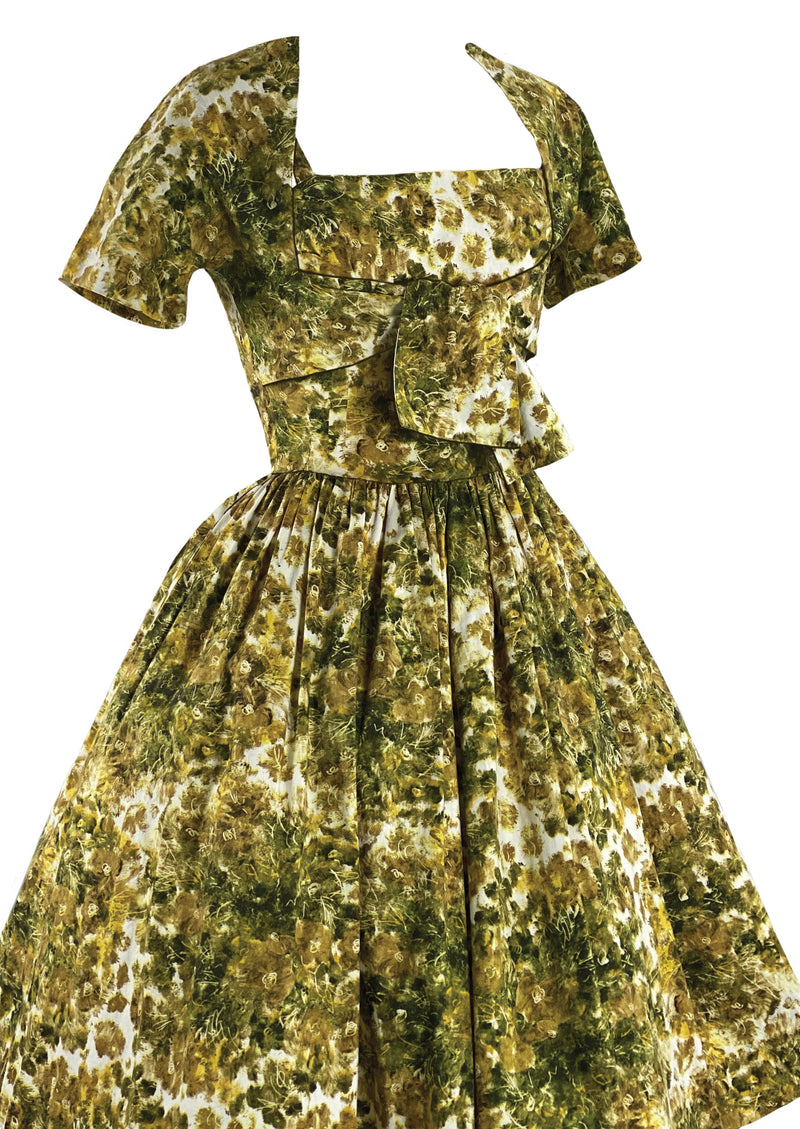 Late 1950s Early 1960s Green & Gold Floral Dress- New!