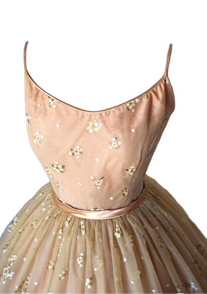 1950's Peach Painted Floral Chiffon Party Dress- New !