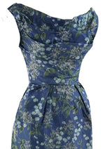 Sensational 1950s Draped Blue Floral Silk Cocktail Dress - New!